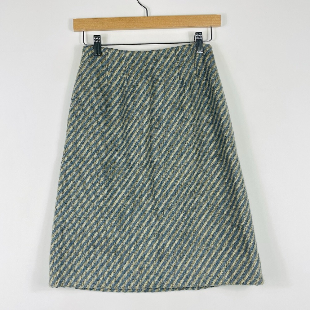 Jaeger London Skirt Womens 8.5 Small Blue Cream Stripe Vintage British Mod Tweed - Picture 4 of 6